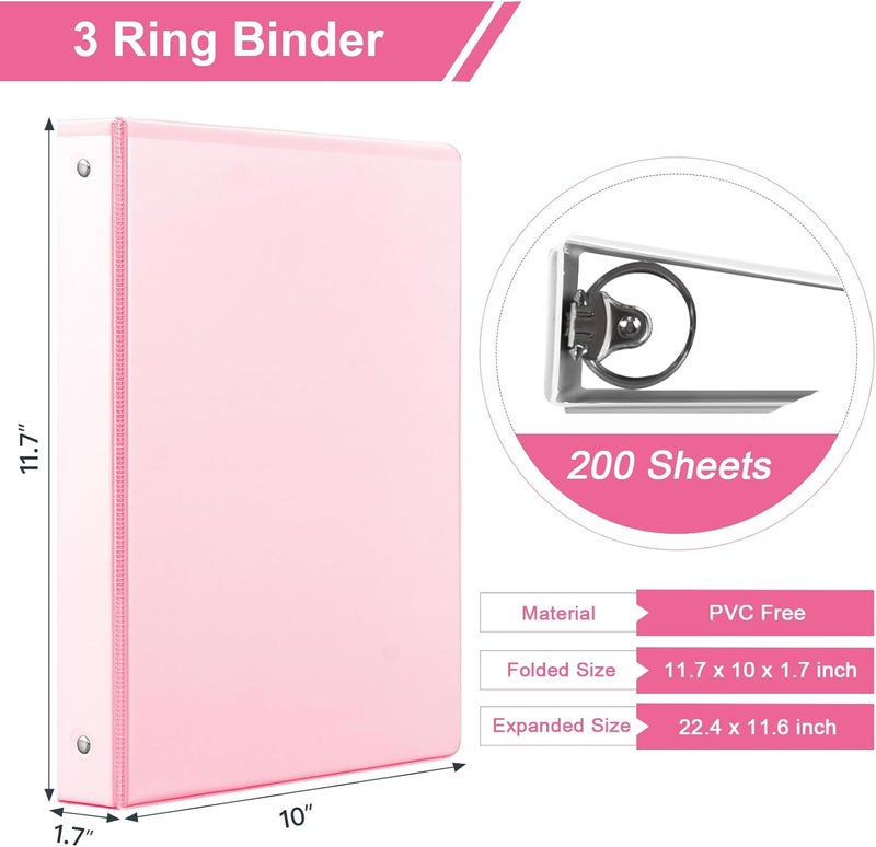 SUIN 1-inch 3 Ring Binder with 2 Interior Pockets, 1'' Basic Binders Holds US Letter Size 8.5'' x 11'' Paper - Versatile Binders for Office, Home, and School Use, 6 Pack (Pink) - Image 2